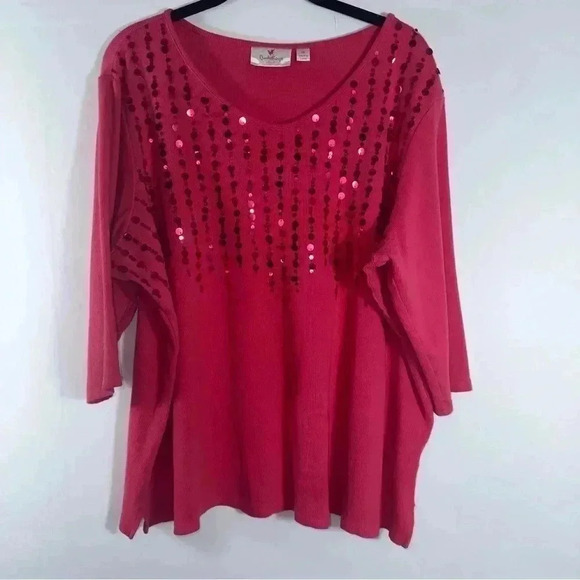 Quacker Factory Pink Ribbed Sequin 3/4 Sleeve Sweater Top Women Size 1X - Picture 10 of 12